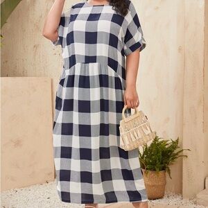 Navy and White Checkered Midi Dress
